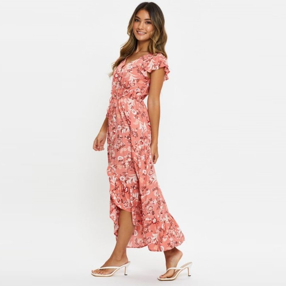 Coral Pink Boho Floral Ruffle Midi Dress NWT - Picture 3 of 10